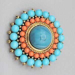 Vintage Sunburst Domed Brooch Imitation Turquoise Howlite Stone Center Gold Tone